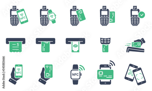 NFC Cashless Wireless Payment Technology Glyph Pictogram. ATM Money Withdraw Icon. Pay Transaction by Mobile Phone, Smart Watch, Credit Card on POS Silhouette Icon Set. Isolated Vector Illustration
