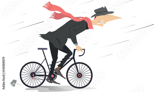 Rainy and windy day and man rides a bike. Illustration. Cycling man under the strong wind and rain. Isolated on white background