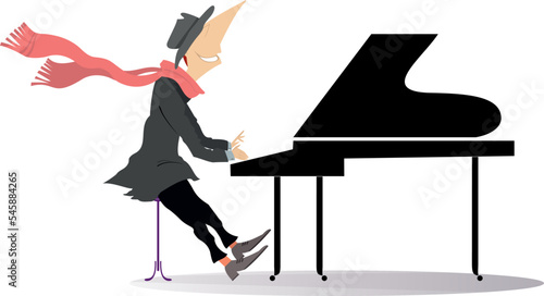Illustration of young pianist man. 
Smiling pianist man in the hat and scarf playing piano and sings.
