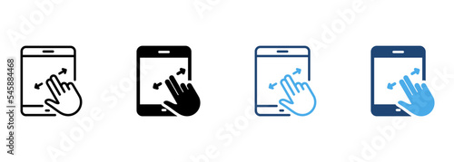 Zoom Action on Device Display Pictogram. Swipe on Tablet Line and Silhouette Color Icon Set. Scroll Up in Digital Electronic Symbol on White Background. Move Screen Sign. Isolated Vector Illustration