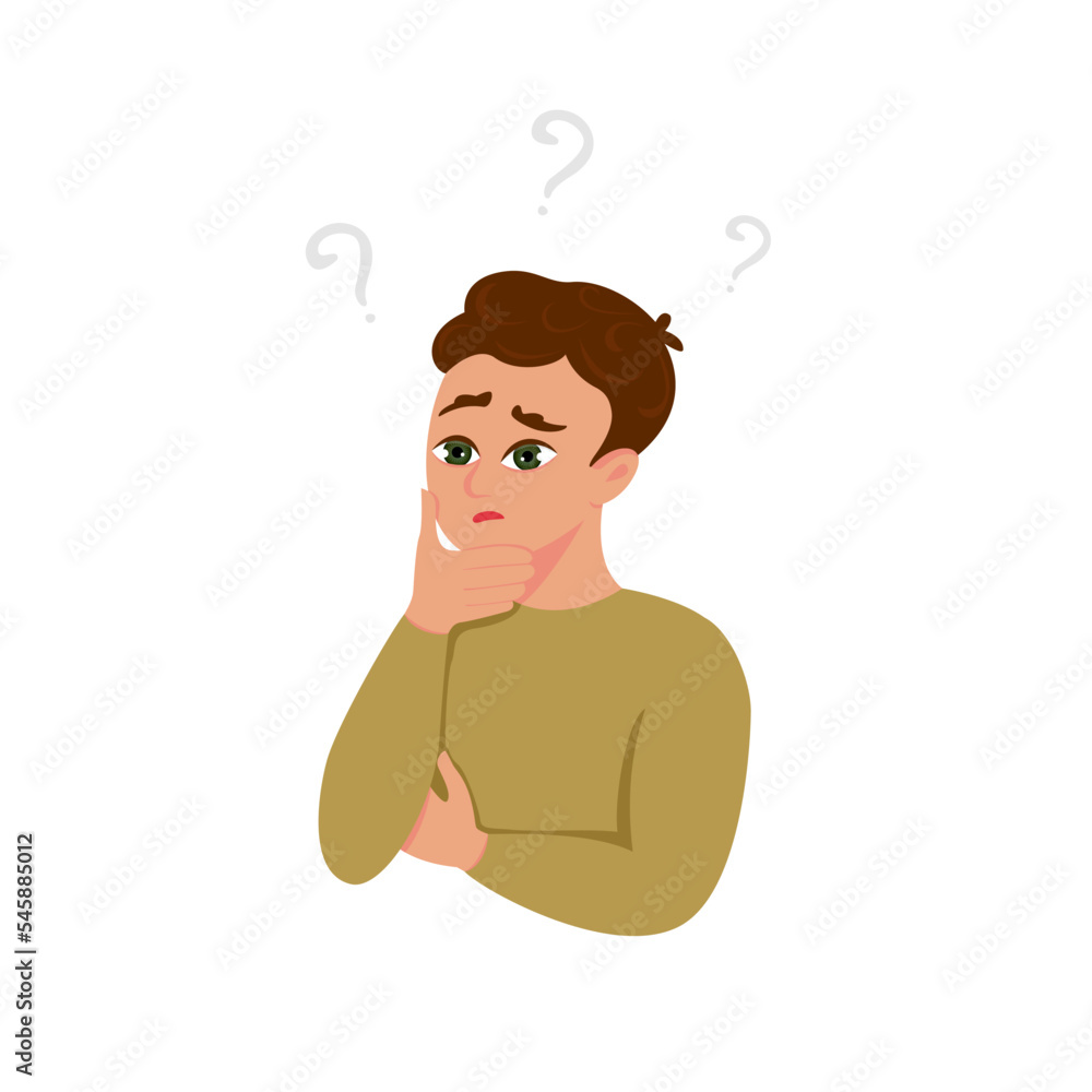 Cute boy thinking about something and question mark flies above him. Vector illustration isolated on white background. Cute boy thinking about something and question mark flies above him. Vector illustration isolated on white background.