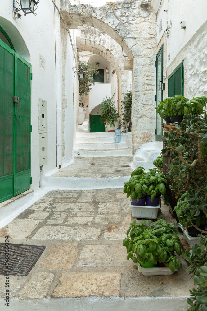 Malerische Gasse in Ostunia in der Provinz Brindisi, Apulien, Italien Malerische Gasse in Ostunia in der Provinz Brindisi, Apulien, Italien