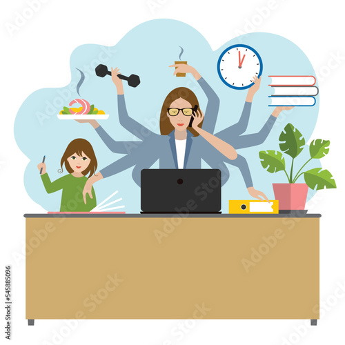 Multitask woman. Mother, businesswoman with child, working, coocking and calling. Flat vector.