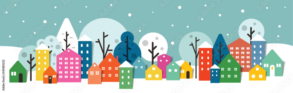 City, town winter snow panorama. Houses scenery. Vectro paper cut illustration.