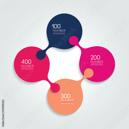 Circle infographic template. Round net diagram, graph, presentation, chart. Connected concept with 4 bubbles, options, steps, parts, text fields, processes. Blue vector design.