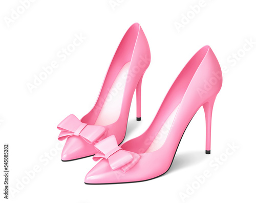 Pink high heels shoes with bow decoration isolated on white. Clipping path included