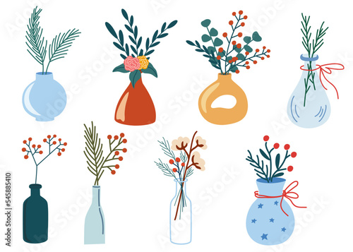 Christmas flowers in a vase set. Decor for New Year Christmas and holiday. Cozy winter time. Flat vector illustration isolated on white background