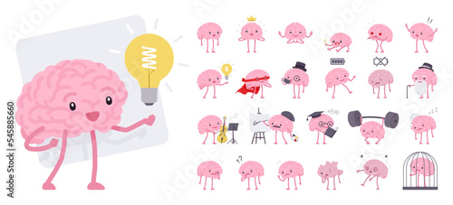 Human brain character bundle. Healthy inspired active memory, surprise, strong positive emotion, conscious focused intellect, neuroscience, medical care, development. Vector flat style illustration