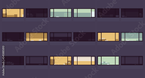 Night facade windows in modern city. Daytime classic contemporary glossy pattern for lively, free, design, shopping mall, office, comfortable living environment, urban development. Vector illustration