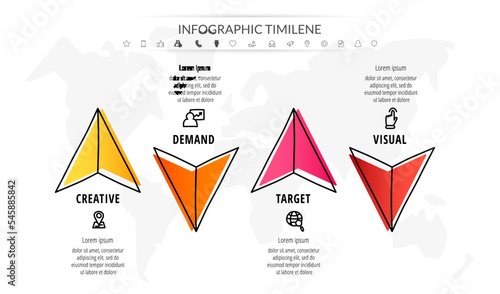 Vector arrow infographics. Modern line concept graphic process template with 4 steps and symbols. Business sketch for the project on white background with continuous line