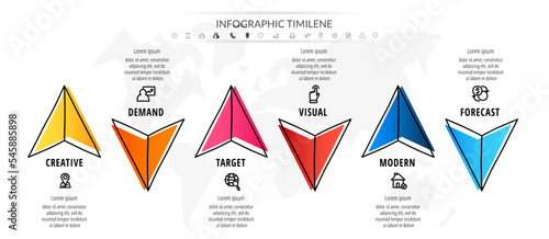 Vector arrow infographics. Modern line concept graphic process template with six steps and symbols. Business sketch for the project on white background with continuous line