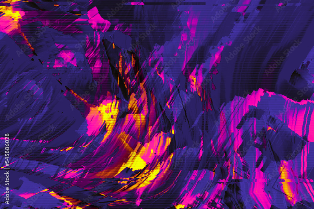 Fototapeta premium Abstract purple pink orange psychedelic wavy background interlaced digital Distorted Motion glitch effect. Futuristic striped cyberpunk design Retro webpunk, rave 90s aesthetic, 70s groovy techno neon
