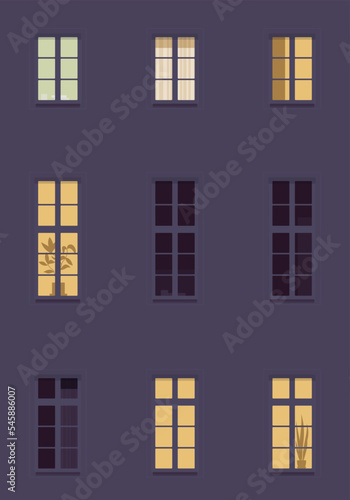 Night light cottage window texture, house facade. Grand mansion pattern, domestic residence, school building, traditional architecture style design and housing urban development. Vector illustration