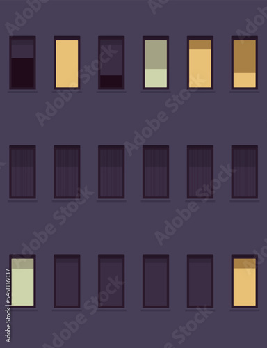 Night light glass black windows of facade in modern city. Evening domestic living, education, recreation residential building texture, urban planning and functional architecture. Vector illustration
