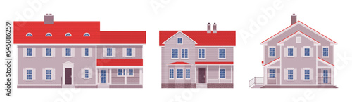 Two story contemporary house cartoon set. Expensive building, urban design amazing exterior with balconies, luxury details, residential, commercial, real estate market. Vector flat style illustration