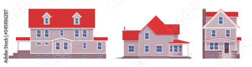 Red roof white facade house cartoon set. Expensive residence, luxurious new home, housing agency, real estate market, happy homeownership, smart financial investment. Vector flat style illustration