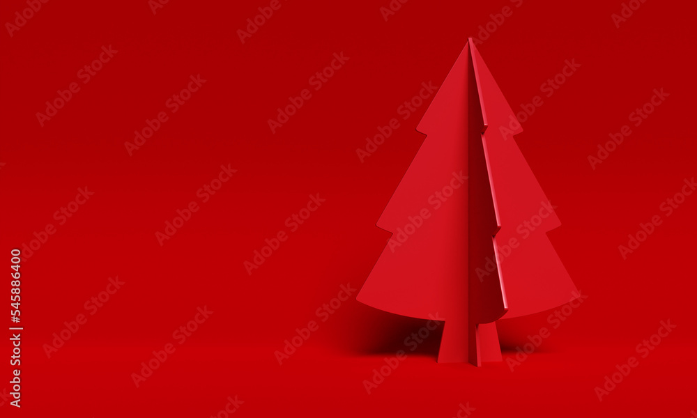 Red Christmas tree with a shadow on a red background. Christmas winter time decoration. Christmas tree in an empty studio with a room floor. A platform for design or product showcase. 3D render