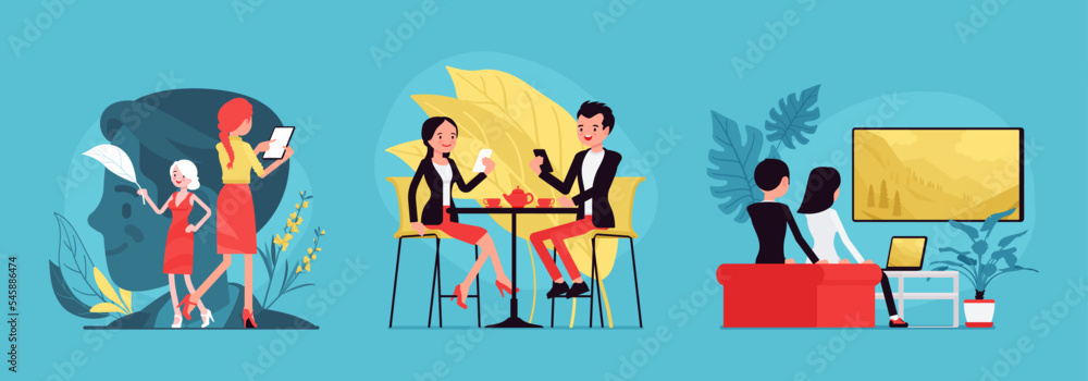 Business, home, office scenes cartoon set. Attractive women, busy active  businesswomen, male profile, family living room, couple watching TV, cafe  lunch. Vector creative vibrant botanical illustration Stock Vector | Adobe  Stock