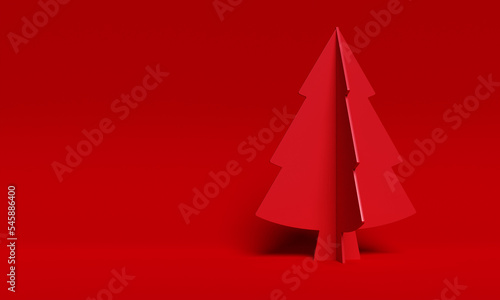 Red Christmas tree with a shadow on a red background. Christmas winter time decoration. Christmas tree in an empty studio with a room floor. A platform for design or product showcase. 3D render photo