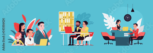 Business, home, office scenes cartoon set. Happy diverse team in floral interior, man, woman in business workplace, businesswoman, businessman deal. Vector creative vibrant botanical illustration