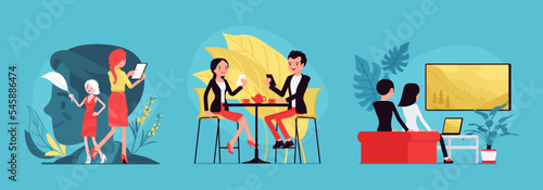 Business, home, office scenes cartoon set. Attractive women, busy active businesswomen, male profile, family living room, couple watching TV, cafe lunch. Vector creative vibrant botanical illustration