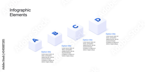 Business process chart infographics with 4 step cubes. Cubic corporate workflow graphic elements. Company flowchart presentation slide. Vector info graphic in isometric design.