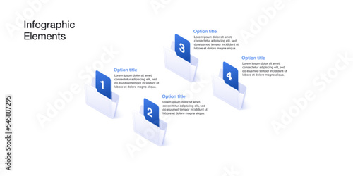 Business process chart infographics with 4 step folders. Corporate workflow graphic elements. Company flowchart presentation slide. Vector info graphic in isometric design.