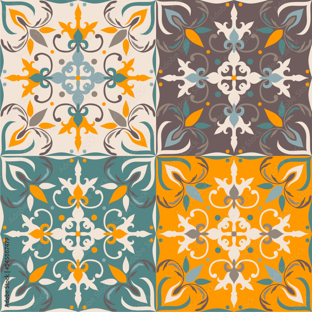 Seamless colorful tile in turkish style. Majolica pottery. Portuguese and Spain decor. Ceramic tile in talavera style. Vector illustration.