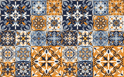 Seamless colorful tile in turkish style. Majolica pottery. Portuguese and Spain decor. Ceramic tile in talavera style. Vector illustration.