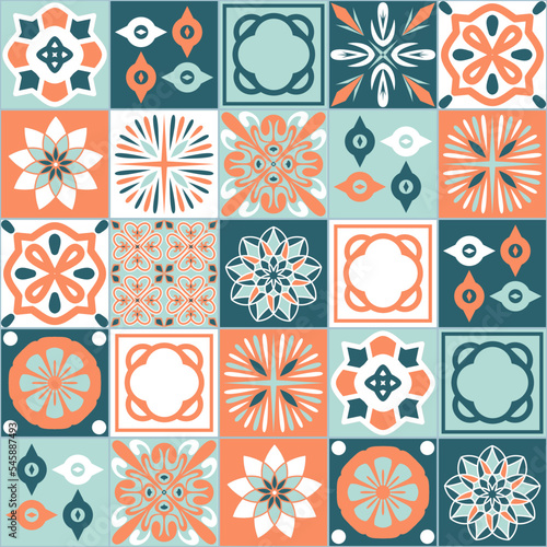 Square ceramic tiles blue orange pastel color, mediterranean style vector Illustration