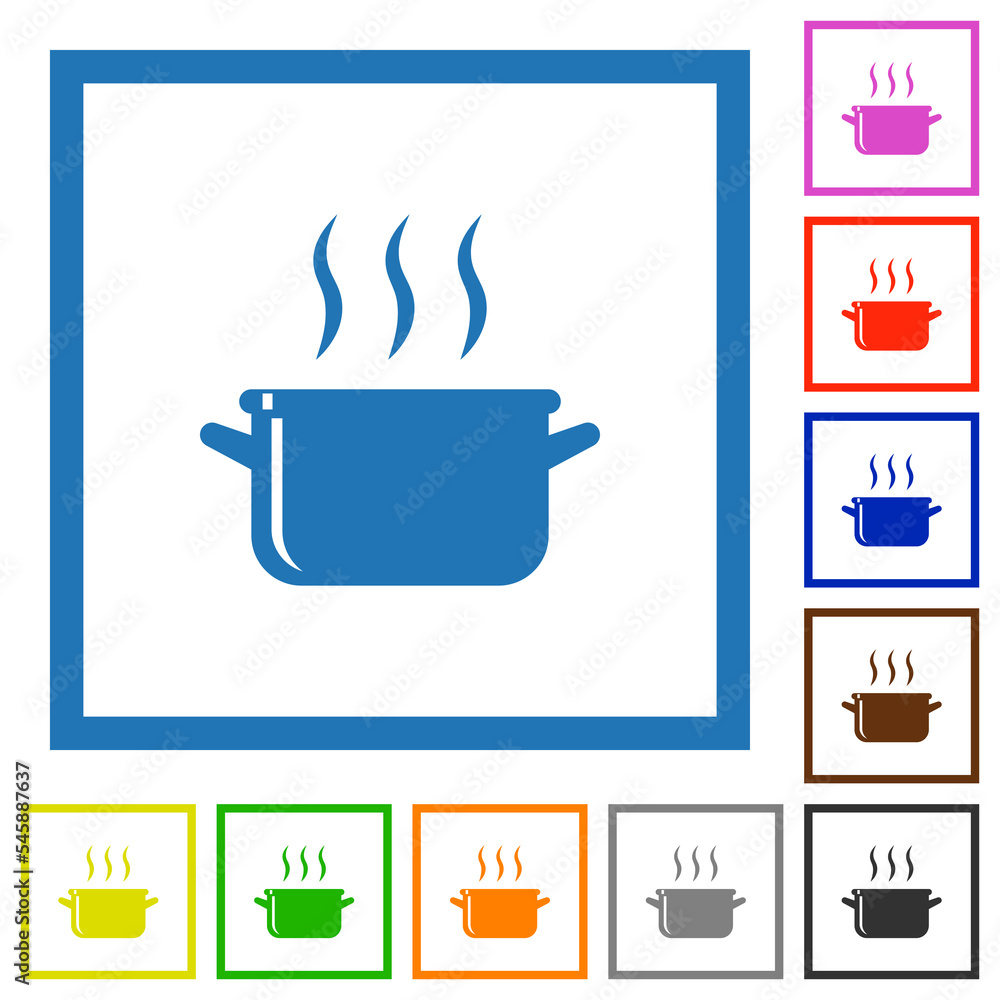 Steaming glossy pot flat framed icons Steaming glossy pot flat framed icons