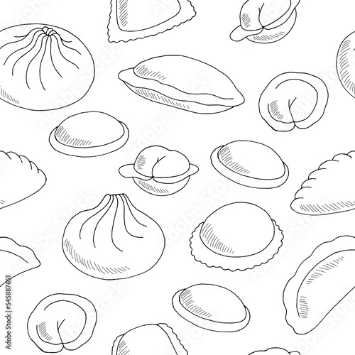 Dumplings seamless pattern background graphic food black white sketch illustration vector