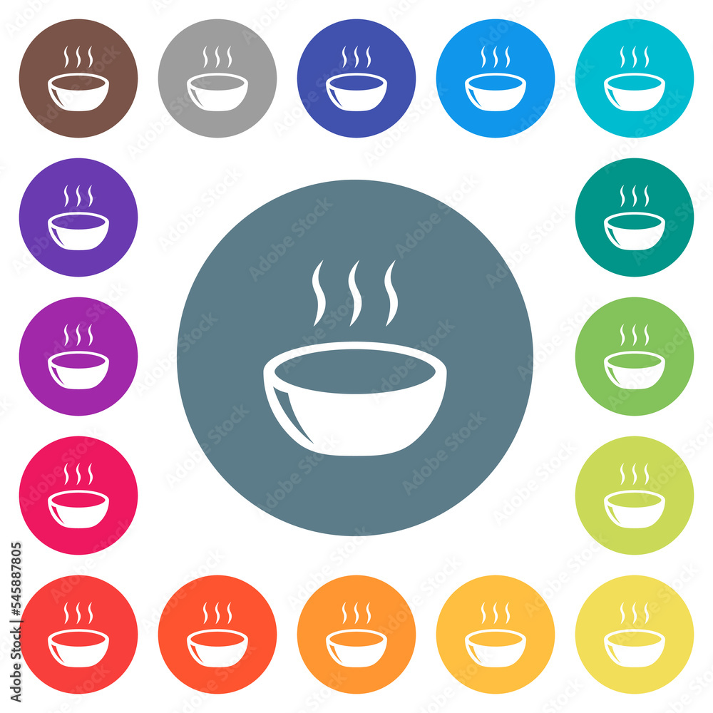 Glossy steaming bowl flat white icons on round color backgrounds Glossy steaming bowl flat white icons on round color backgrounds