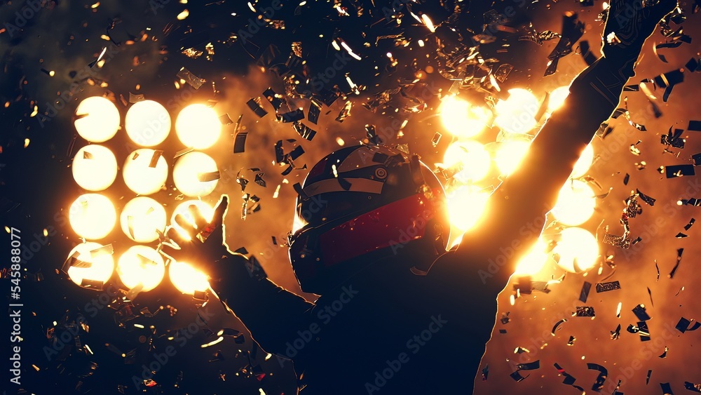 Silhouette of race car driver celebrating the win in a race against bright stadium lights. 100 FPS slow motion shot - obrazy, fototapety, plakaty 