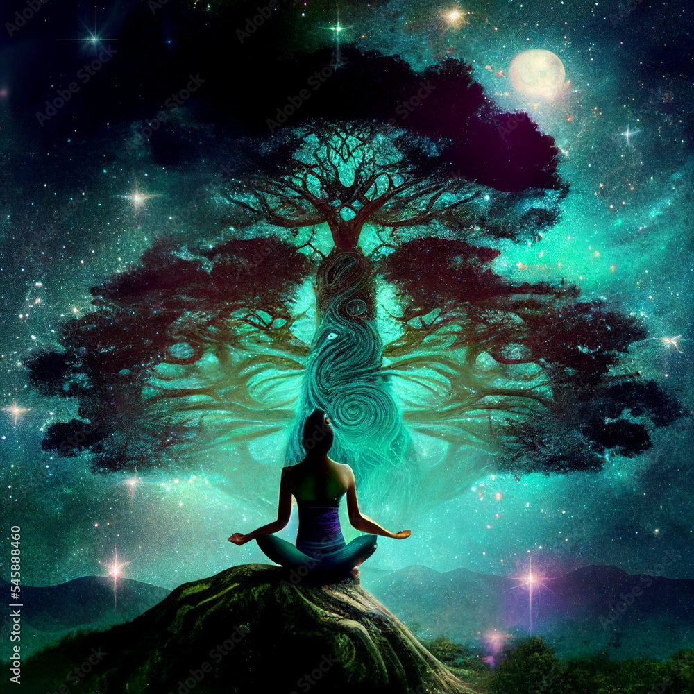 Spirit Tree Meditation on reality in the expanse of the universe with galaxies and nebulae in the background Spirit Tree Meditation on reality in the expanse of the universe with galaxies and nebulae in the background