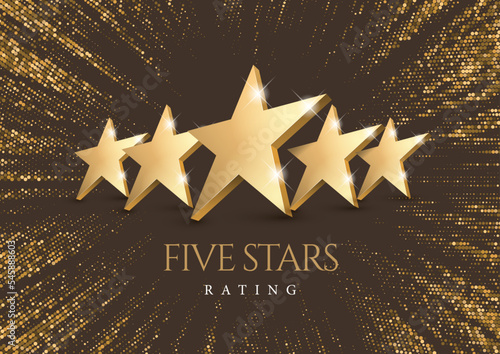 Five gold Stars. Rating or quality symbol. Against the backdrop of a stylish flash of gold sparkling from the center on a black background. Poster template. Vector illustration