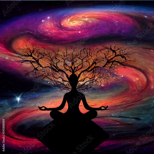 Spirit Tree Meditation on reality in the expanse of the universe with galaxies and nebulae in the background