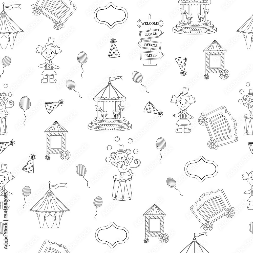Seamless pattern circus outline. Circus with elements of carousel, awning, doll