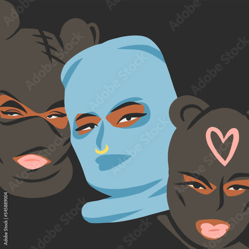 Hand drawn abstract vector graphic clipart illustrations collection set with bandit girl in balaclava.Trendy modern female design concept.Vector woman fashion portrait contemporary art.Beauty model.
