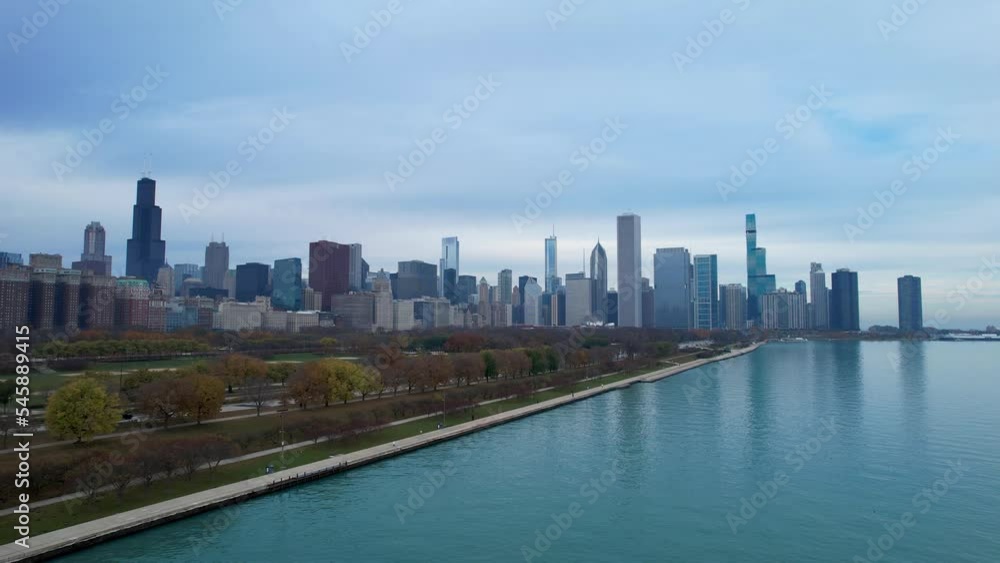 Chicago The City By The Lake Under A Gloomy Sky Drone Chicago The City By The Lake Under A Gloomy Sky Drone