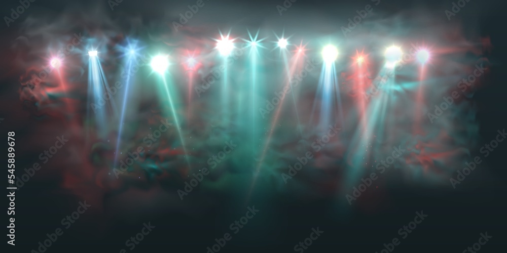 Fototapeta premium Illuminated stage with scenic lights and smoke. stage with set of colorful spotlights. illustration.