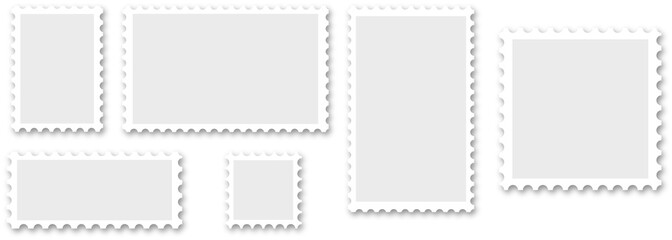 Postage stamp set. Realistic post stamps set with realistick shadow. Blank Postage Stamps on transparent background. PNG image