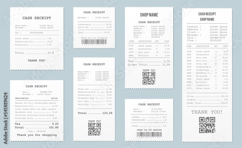 Realistic receipt. Restaurant bill, shop and supermarket paper receipts, purchase invoice