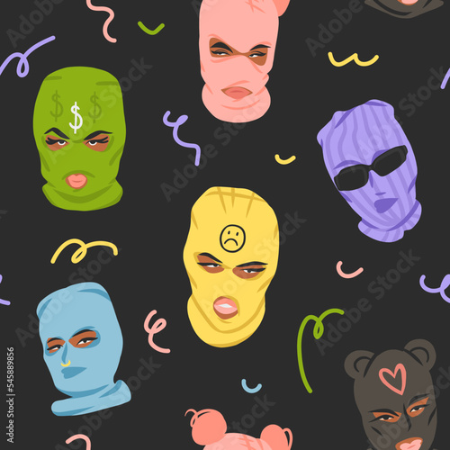 Hand drawn abstract vector graphic clipart illustrations collection with bandit girls in balaclava seamless pattern.Trendy modern female design concept.Vector woman fashion portrait contemporary art.