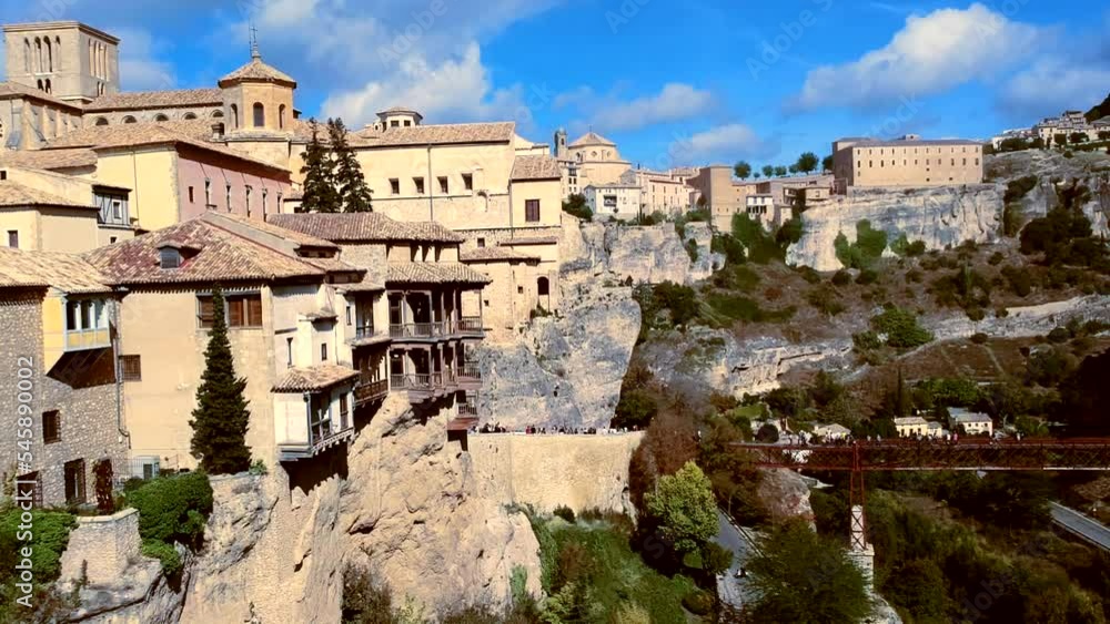 Aerial panoramic shot of hanging houses called Casas Colgadas in Cuenca, Spain Aerial panoramic shot of hanging houses called Casas Colgadas in Cuenca, Spain
