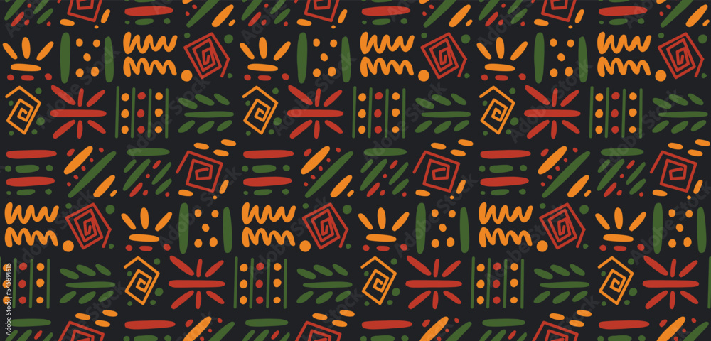 African clash ethnic tribal seamless pattern background. Vector red, yellow, green symbols, square repeat lines backdrop for Black History Month, Juneteenth, Kwanzaa print, banner, wallpaper - obrazy, fototapety, plakaty 