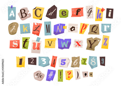 Clipping alphabet and numbers. Anonymous letters cut. Cut Letters. Vector font