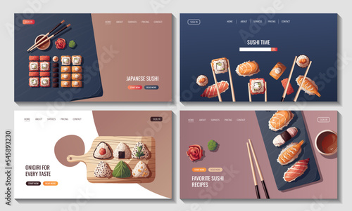 Set of web pages with mix of sushi and sushi rolls, onigiri. Japanese food, healthy eating, cooking, menu, nutrition concept. Vector illustration. Banner, website, advertising. 