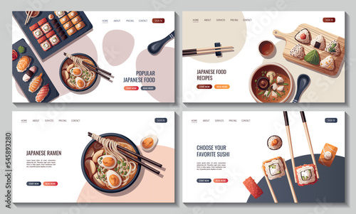 Set of Web pages with Sushi, Miso soup, ramen, onigiri. Japanese food, healthy eating, cooking, menu concept. Vector illustration. Banner, website, advertising.