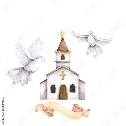 White doves of peace are flying over the church watercolor illustration. Wedding, holy celebration, Easter. Religious holidays. Solemn ceremony
